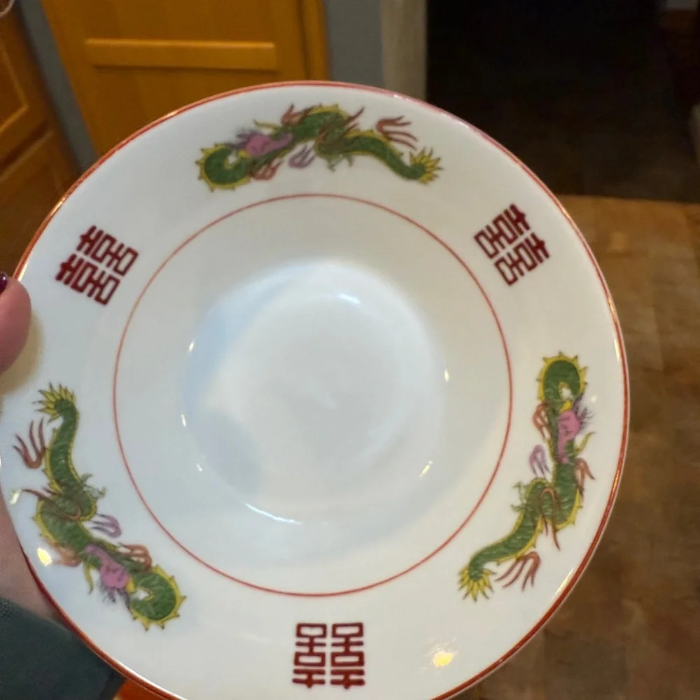 Vintage Chinese Ceramic Ramen Soup Bowls Hand Painted Dragon Dishes Japan